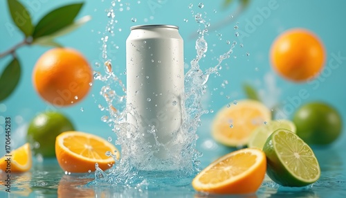 Aluminum mid-air splash. Citrus fruit, lime, orange slices, water bubbles. Refreshing beverage, summer drink, healthy lifestyle, vitamin C. Diet soda, juice, hydration, thirst quencher, product shot