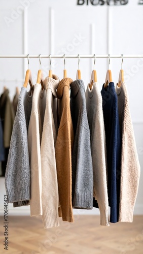 Row of sweaters on hangers in a shop