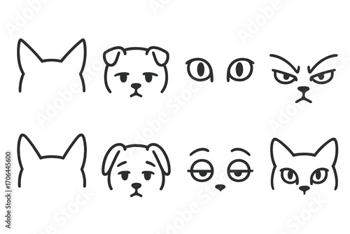 Wild Cat Expressions. Line style icons of wild cat ears and eyes: pointed cat ears, folded ears, big cat eyes, squinting wild cat;