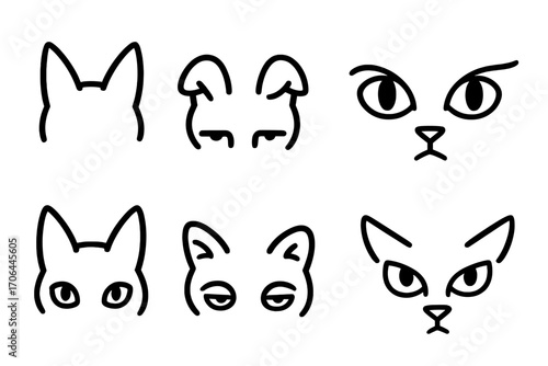 Wild Cat Expressions. Line style icons of wild cat ears and eyes: pointed cat ears, folded ears, big cat eyes, squinting wild cat;