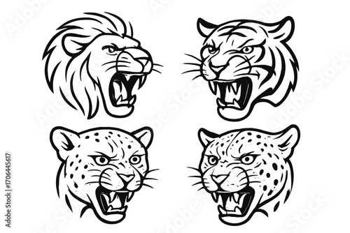 Fierce Wild Cat Expressions. Line style icons of fierce wild cat expressions: roaring lion, growling tiger, snarling cheetah,