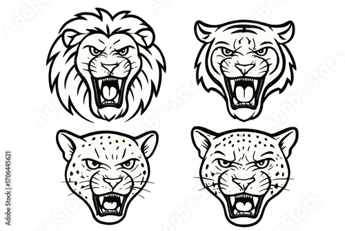 Fierce Wild Cat Expressions. Line style icons of fierce wild cat expressions: roaring lion, growling tiger, snarling cheetah,