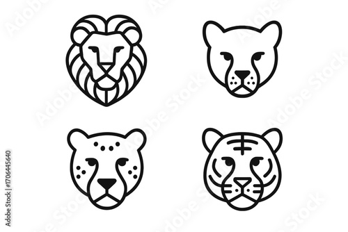 Stylized Cat Icon Designs. Line style icons of stylized cat heads: geometric lion face, minimal panther, abstract cheetah,