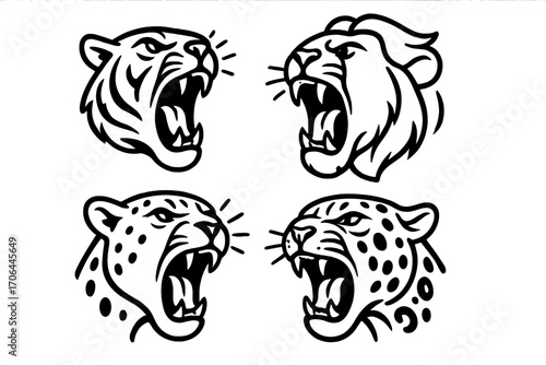Roaring Big Cat Icons. Line style icons of roaring cat faces: tiger with open mouth, lion with fangs, cheetah roar, jaguar growl;
