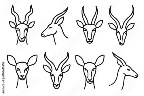 Antelope Line Icons. Line style icons of antelope heads: antelope with spiral horns, side view antelope, front-facing antelope,