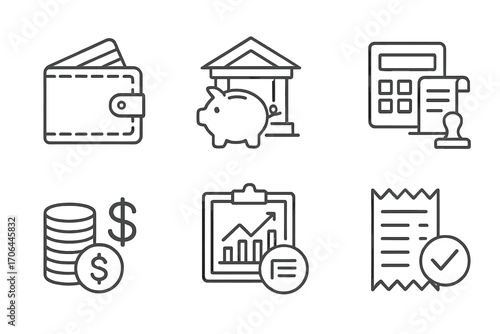 Finance Essentials Icons. Line style icons of banking visuals: bank card in wallet, piggy with bank building, calculator and