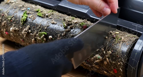 Cleaning vacuum roller brush close up on debris removal