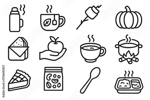 Fall Food Icons. Line style icons of fall food for travelers: thermos with steam, cup of tea with leaf, marshmallow on stick,