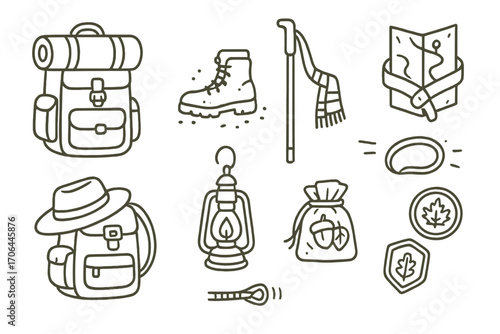 Autumn Backpacking Icons. Line style icons of backpacking in autumn: pack with bedroll, boots with dirt marks, hiking stick and
