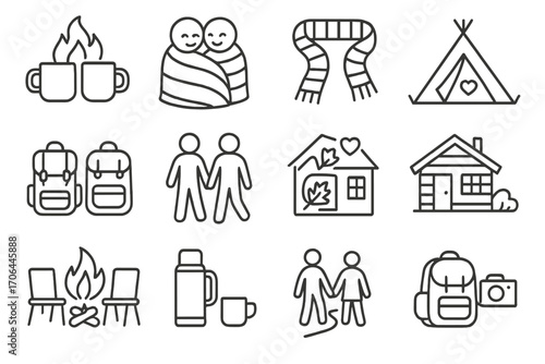 Fall Couples Adventure Icons. Line style icons of couples’ fall travel: two mugs by fire, shared blanket, matching scarves, cozy