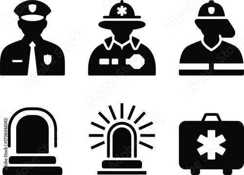 Emergency service icons, police officer, firefighter, paramedic symbol, siren alert, medical kit, public safety, rescue team, law enforcement, fire department, healthcare