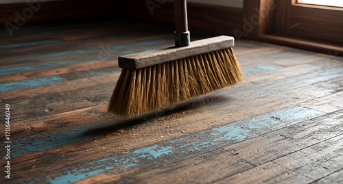 Cleaning wooden floor with broom