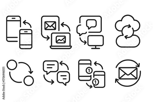 Multi-Device Sync Icons. Line style icons of multi-device sync: phone to tablet icon, email across devices, chat on multiple