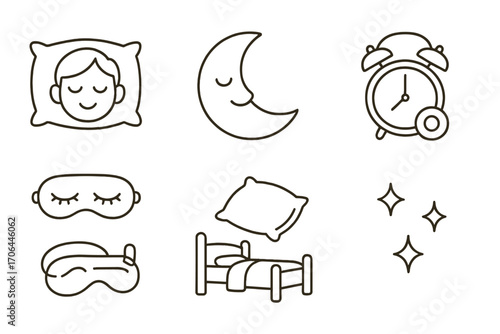 Bedtime Peace Icons. Line style icons of gentle nighttime icons: calm face on pillow, smiling moon, lamp with soft rays, alarm set