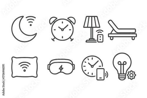Smart Sleep Gadgets Icons. Line style icons of smart sleep gadgets: moon with Wi-Fi, alarm with sync lines, lamp with remote icon,