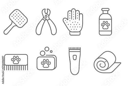 Pet Care Icons. Line style icons of pet care tools: pet brush, nail clipper, grooming glove, shampoo bottle; comb with paw icon,