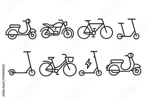 Two-Wheeled Transport Icons. Line style icons of two-wheeled transport: classic scooter, motorbike, electric bike, kick scooter;