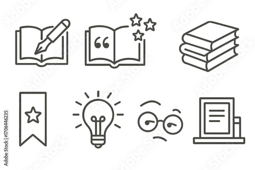 Literature Icon Set. Line style icons of literature symbols: book and pen, quote mark in book, storybook with stars, knowledge