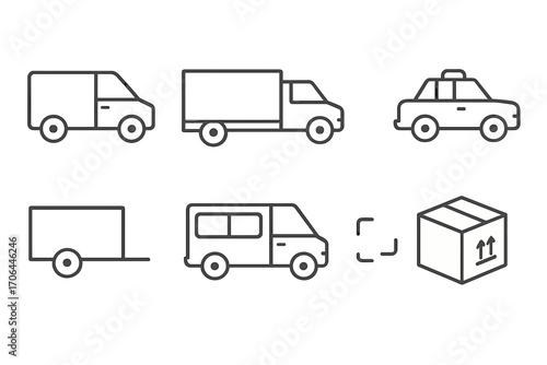 Commercial Transport Icons. Line style icons of commercial ground transport: delivery van, cargo truck, intercity bus, taxi cab;
