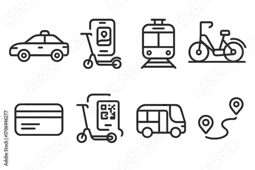 Urban Mobility Icons. Line style icons of urban mobility tools: ride-share car, app scooter, metro train, bike share dock; transit