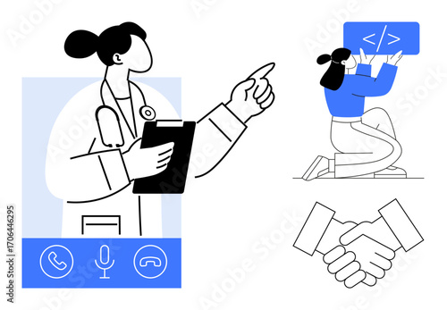 Wallpaper Mural Doctor pointing with clipboard, programmer typing code, handshake symbolizing collaboration and support. Ideal for healthcare, technology, teamwork, consultancy, education, communication simple Torontodigital.ca