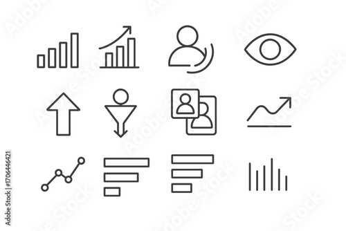 Analytics Icon Set. Line style icons of analytics and stats: bar graph, growth chart, user reach icon, impressions eye; click rate
