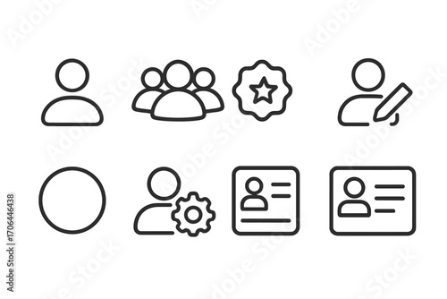 Social Media Icons. Line style icons of social media profiles: single user icon, group of users, verified badge, edit profile icon