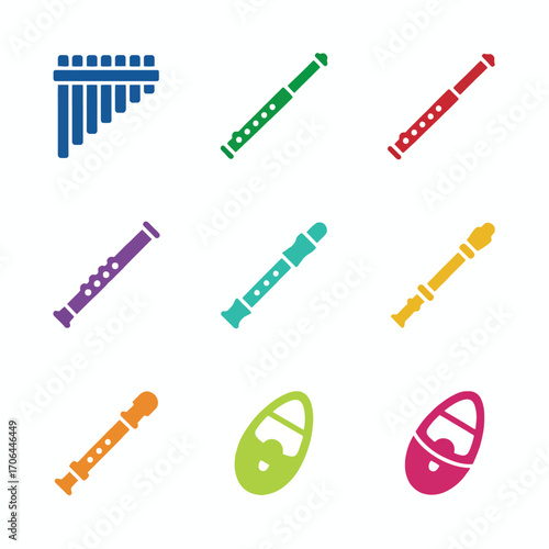 Colorful Flute Music Instrument Collection Flat Icon Set on White Background
