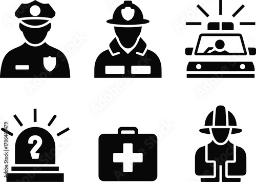 Emergency service icons, police officer, firefighter, police car, siren alert, medical kit, public safety, rescue team, law enforcement, fire department, healthcare
