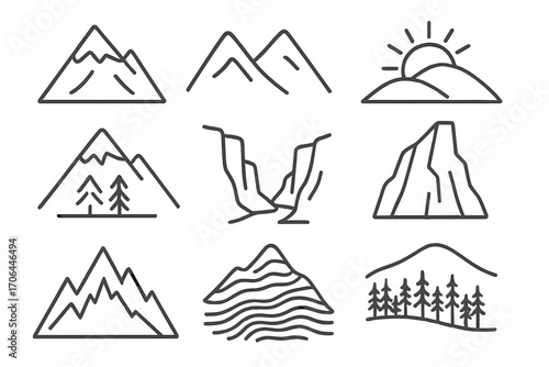 Mountain Scene Icons. Line style icons of mountain scenes: snow-capped mountain, twin peaks, rising sun behind hill, mountain with