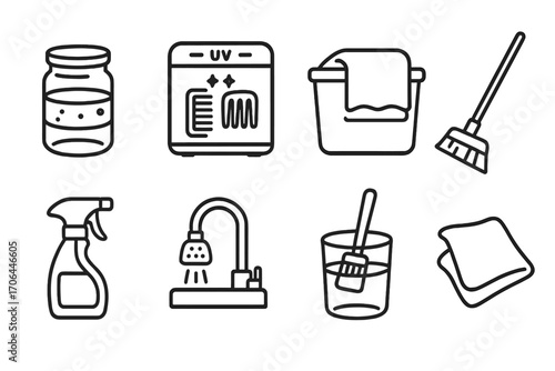 Salon Cleaning Tools. Line style icons of salon cleaning tools: disinfectant jar, UV sterilizer, towel bin, floor broom; tool