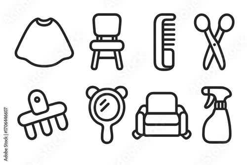 Children's Salon Essentials. Line style icons of children’s salon items: mini cape, small chair, gentle comb, toddler scissors;