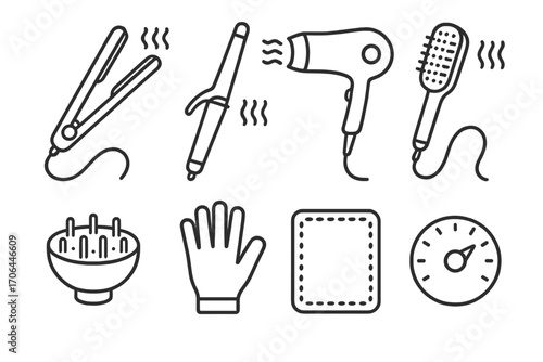 Heat Styling Icons. Line style icons of heat styling tools: flat iron, curling wand, blow dryer, hot brush; diffuser attachment,