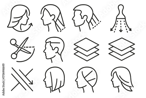 Haircut Iconography. Line style icons of layered haircut symbols: sectioned hair icon, angle cut guide, blend tool, graduation