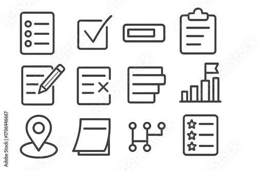 Task Tracking Icons. Line style icons of task tracking tools: to-do list, completed checkbox, task progress bar, open clipboard;