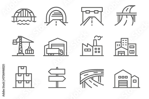 Logistics Infrastructure Icons. Line style icons of logistics infrastructure: bridge, tunnel, toll gate, highway ramp; dock crane,