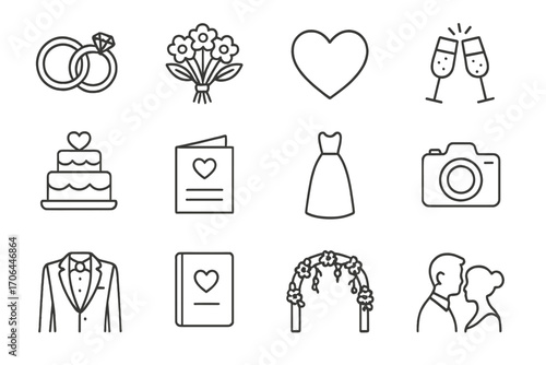 Wedding Icon Set. Line style icons of wedding essentials: wedding rings, bridal bouquet, heart symbol, champagne toast; wedding