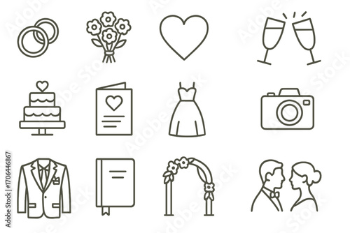 Wedding Icon Set. Line style icons of wedding essentials: wedding rings, bridal bouquet, heart symbol, champagne toast; wedding