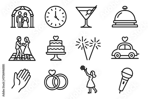Wedding Timeline Icons. Line style icons of timeline events: ceremony clock, cocktail hour, reception bell, dinner icon; dance