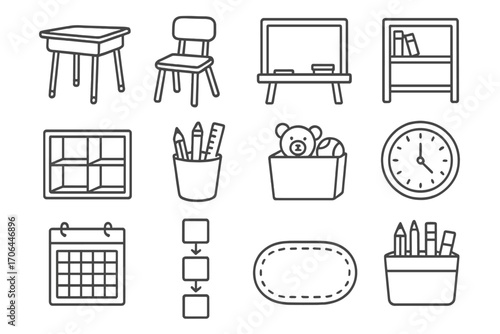 Classroom Objects Icons. Line style icons of classroom objects: school desk, student chair, chalkboard, book shelf; cubbies,