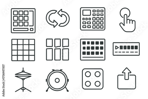 Beatmaking Icons Collection. Line style icons of beatmaking: drum pad, loop icon, beat machine, tap tempo; quantize grid, sample