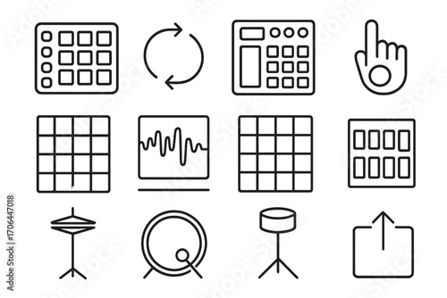 Beatmaking Icons Collection. Line style icons of beatmaking: drum pad, loop icon, beat machine, tap tempo; quantize grid, sample
