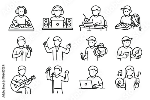 Music Career Icons. Line style icons of music careers and roles: DJ icon, music producer, composer desk, sound engineer; solo