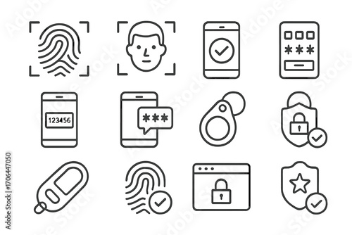 Multi-Factor Authentication Icons. Line style icons of multi-factor authentication: fingerprint, face scan, code entry, mobile