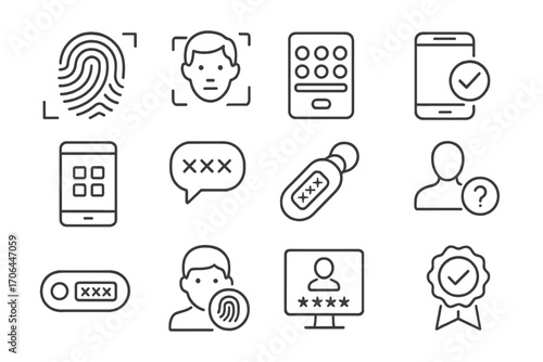 Multi-Factor Authentication Icons. Line style icons of multi-factor authentication: fingerprint, face scan, code entry, mobile