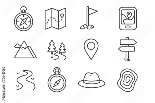Exploration Icon Set. Line style icons of navigation and exploration: compass, map with path, trail marker, GPS icon; mountain