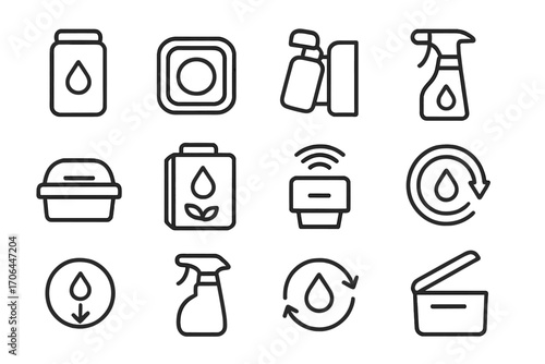 Cleaning Refill Icons. Line style icons of cleaning refill systems: refill cartridge, detergent pod, cleaning bottle slot, pouch
