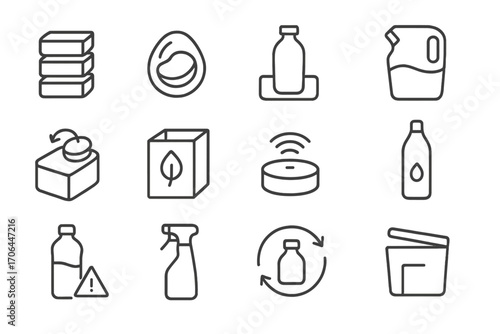 Cleaning Refill Icons. Line style icons of cleaning refill systems: refill cartridge, detergent pod, cleaning bottle slot, pouch