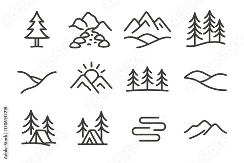 Mountain Line Icons. Line style icons of mountain and forest scenes: pine tree, rocky trail, mountain range, forest icon; valley