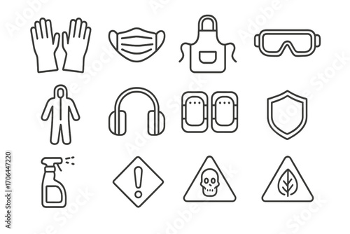 Safety Equipment Icons. Line style icons of protective gear: rubber gloves, face mask, apron, cleaning goggles; protective suit,